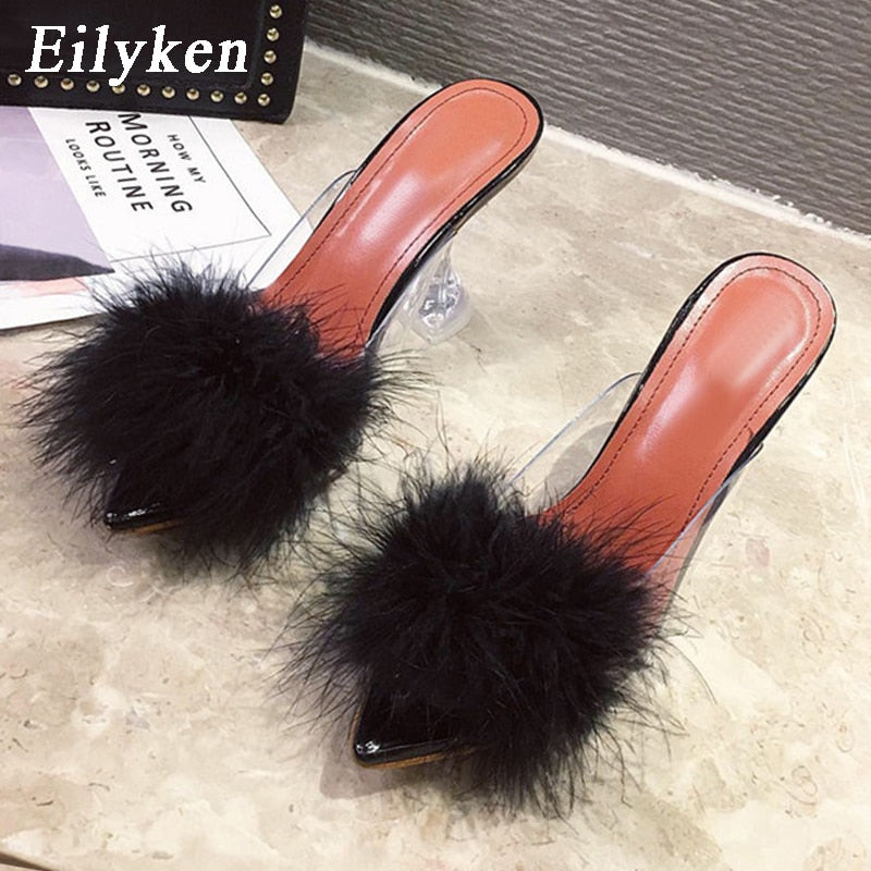 Clear Feather Heel Mules