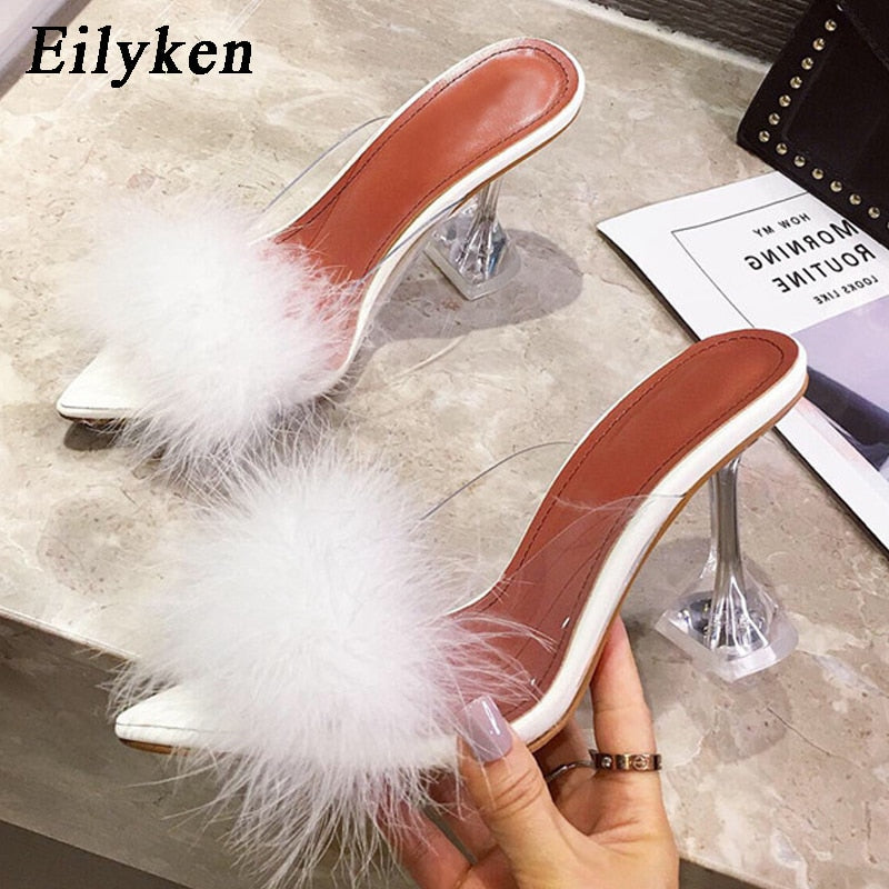 Clear Feather Heel Mules