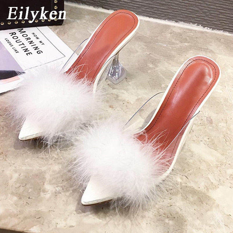 Clear Feather Heel Mules