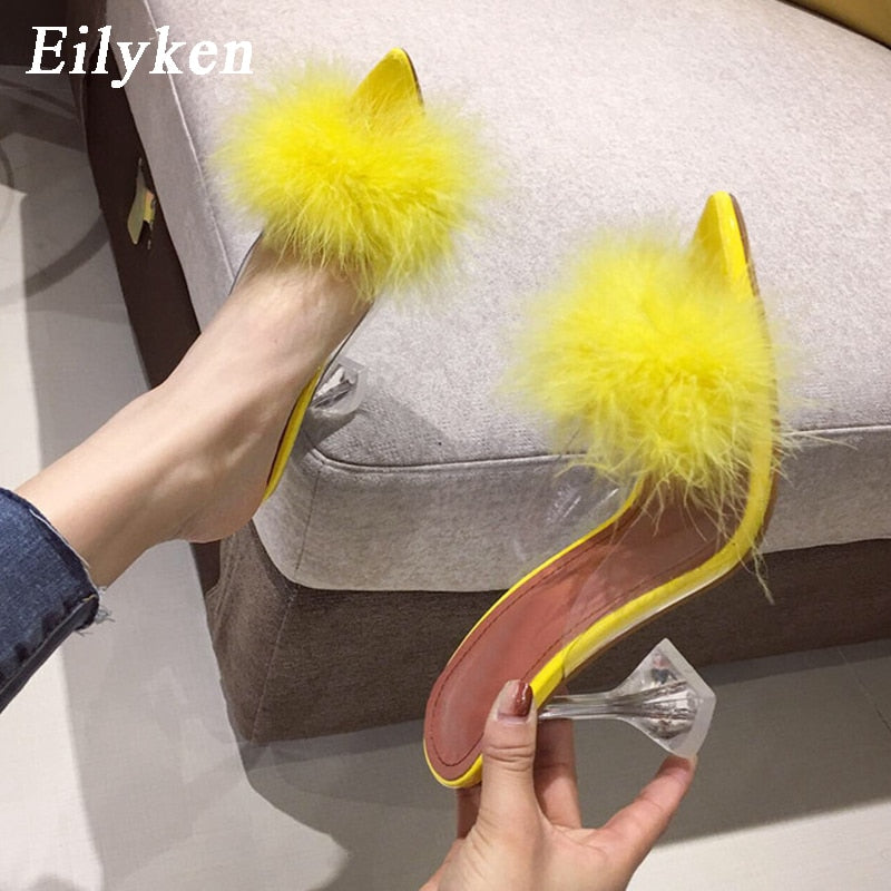 Clear Feather Heel Mules