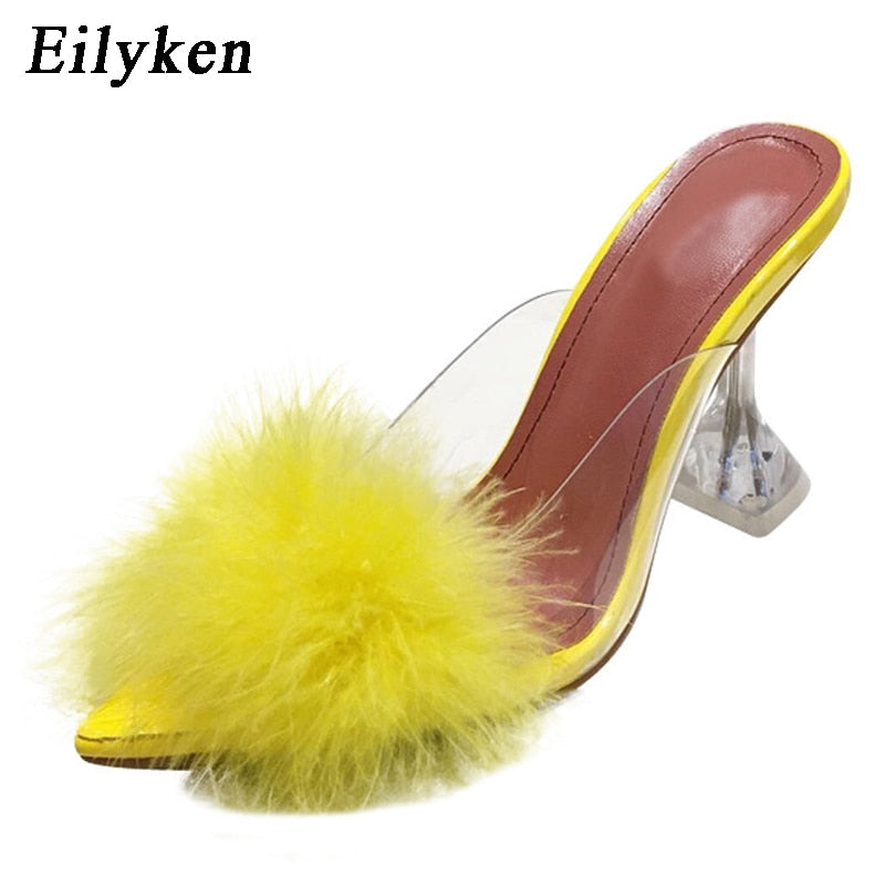 Clear Feather Heel Mules