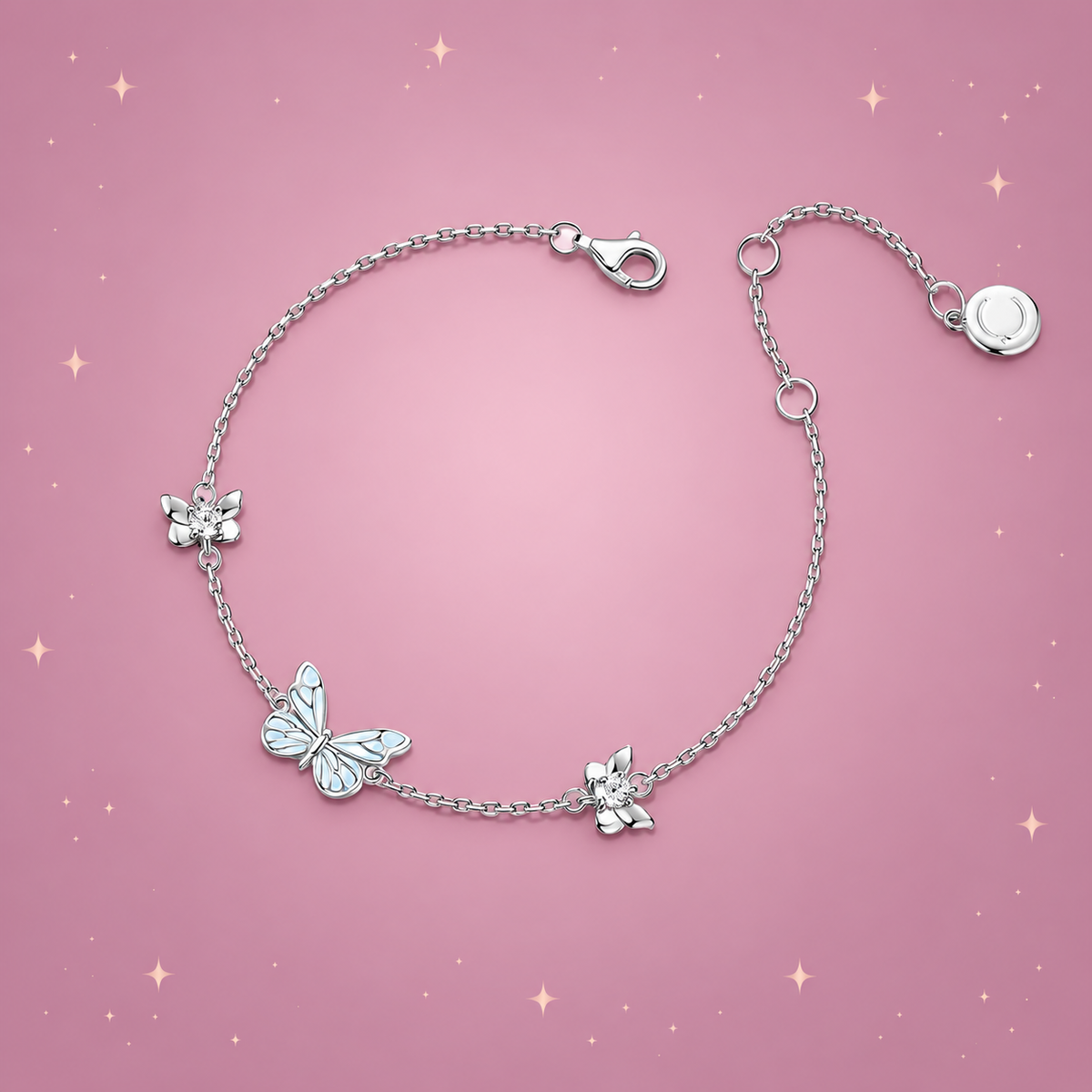 Blue Butterfly Bracelet on a dusty rose background with rose gold sparkles