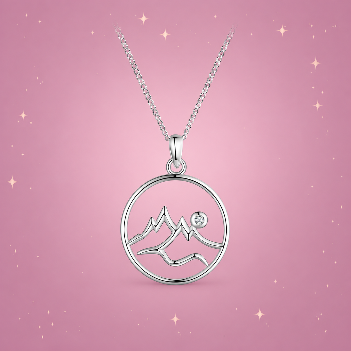 Dashan Silver Necklace on a dusty rose background with rose gold sparkles