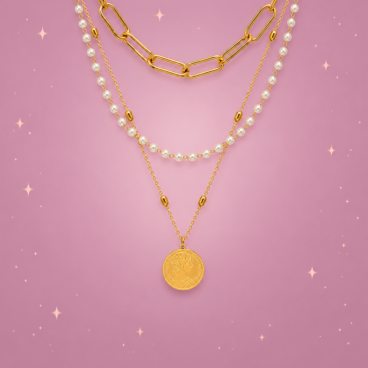 Faux Pearl Layered Necklace on a dusty rose background with rose gold sparkles