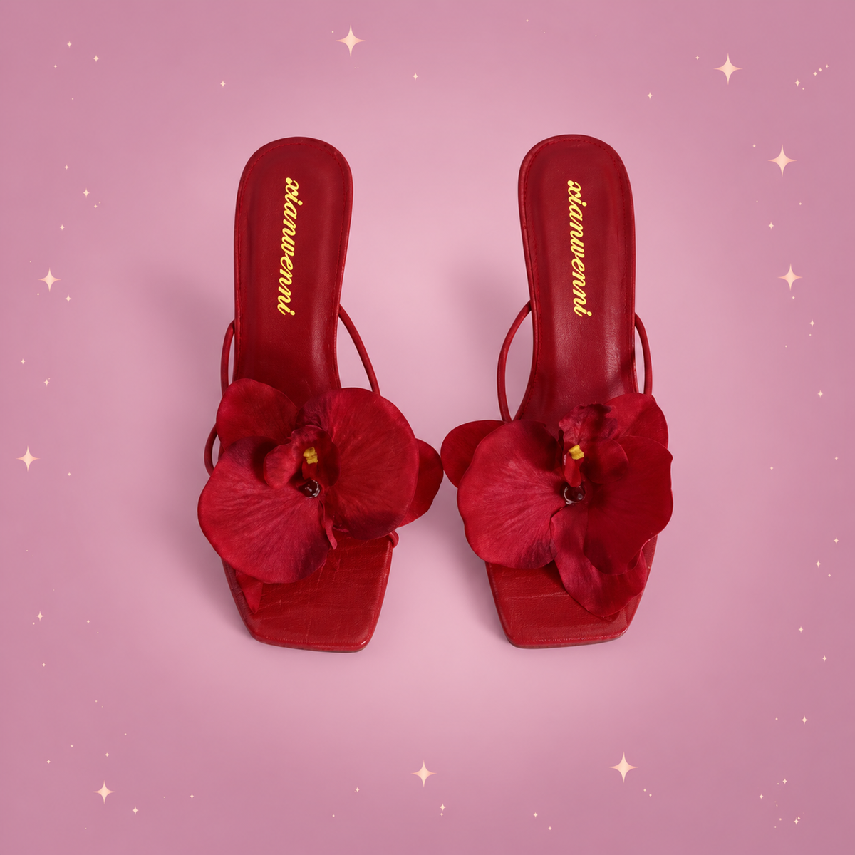 Flower High-Heel Sandals on a dusty rose background with rose gold sparkles