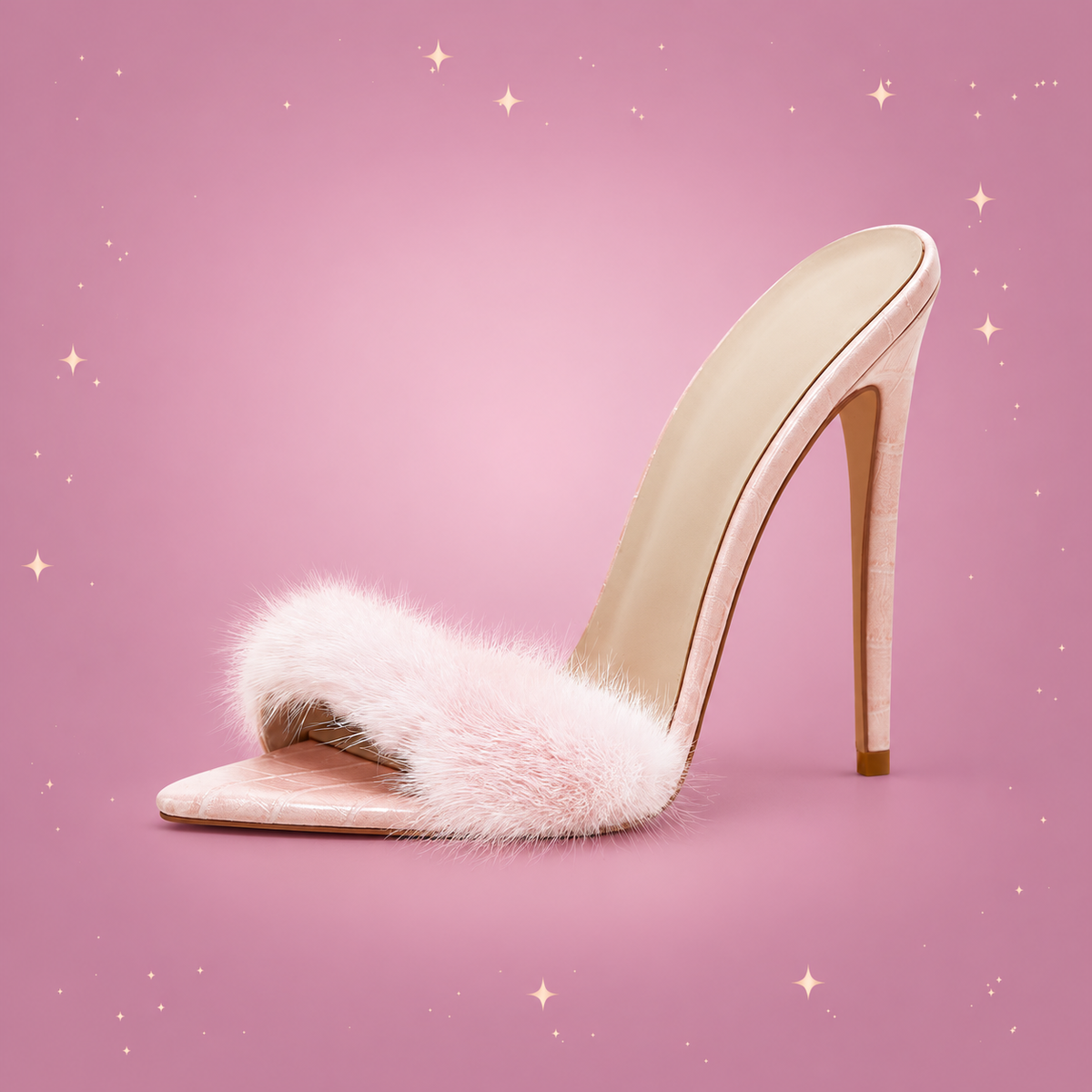 Fluffy Platform Heel Mules on a dusty rose background with rose gold sparkles
