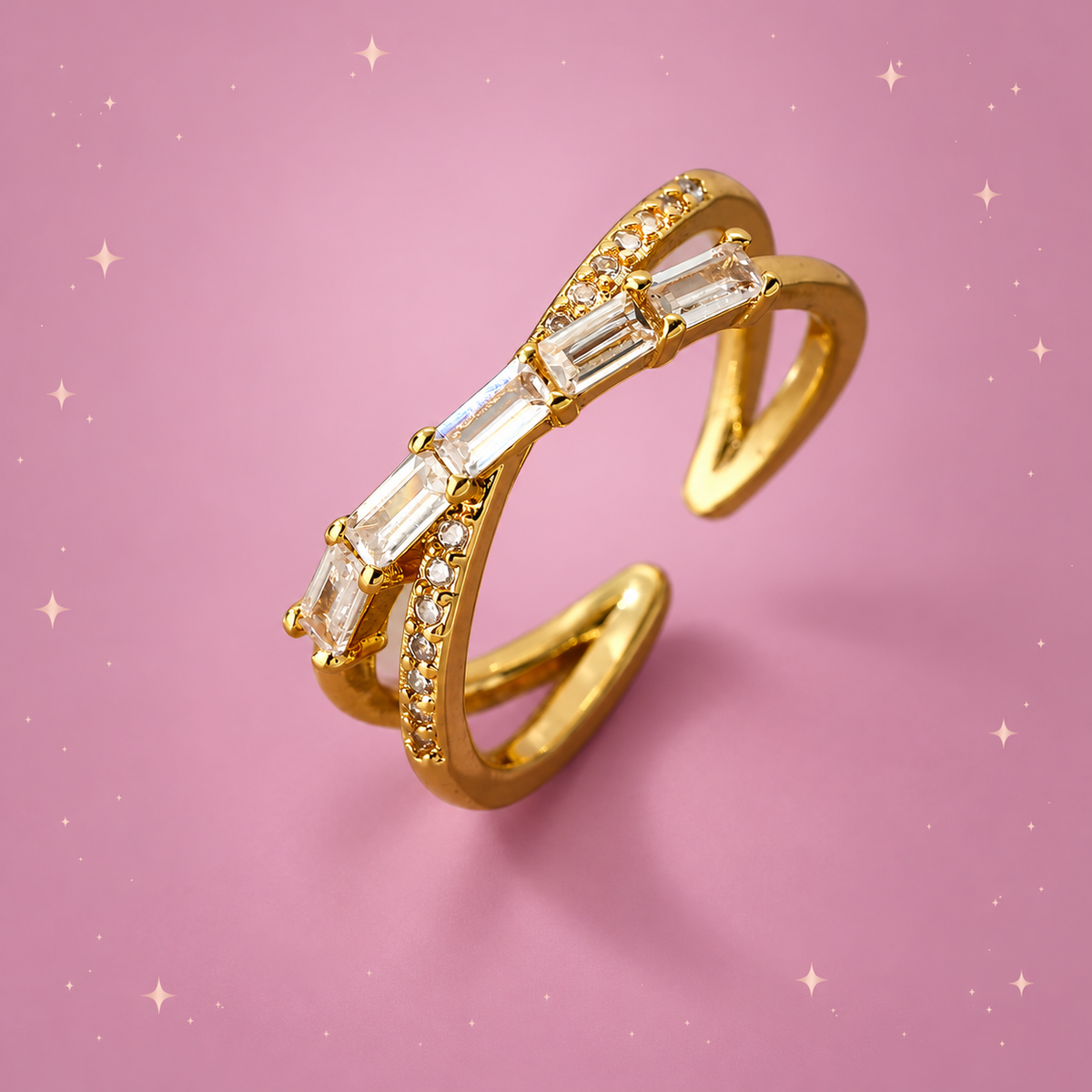 Geometric Open Ring on a dusty rose background with rose gold sparkles