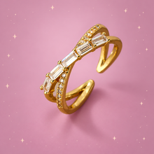 Geometric Open Ring on a dusty rose background with rose gold sparkles