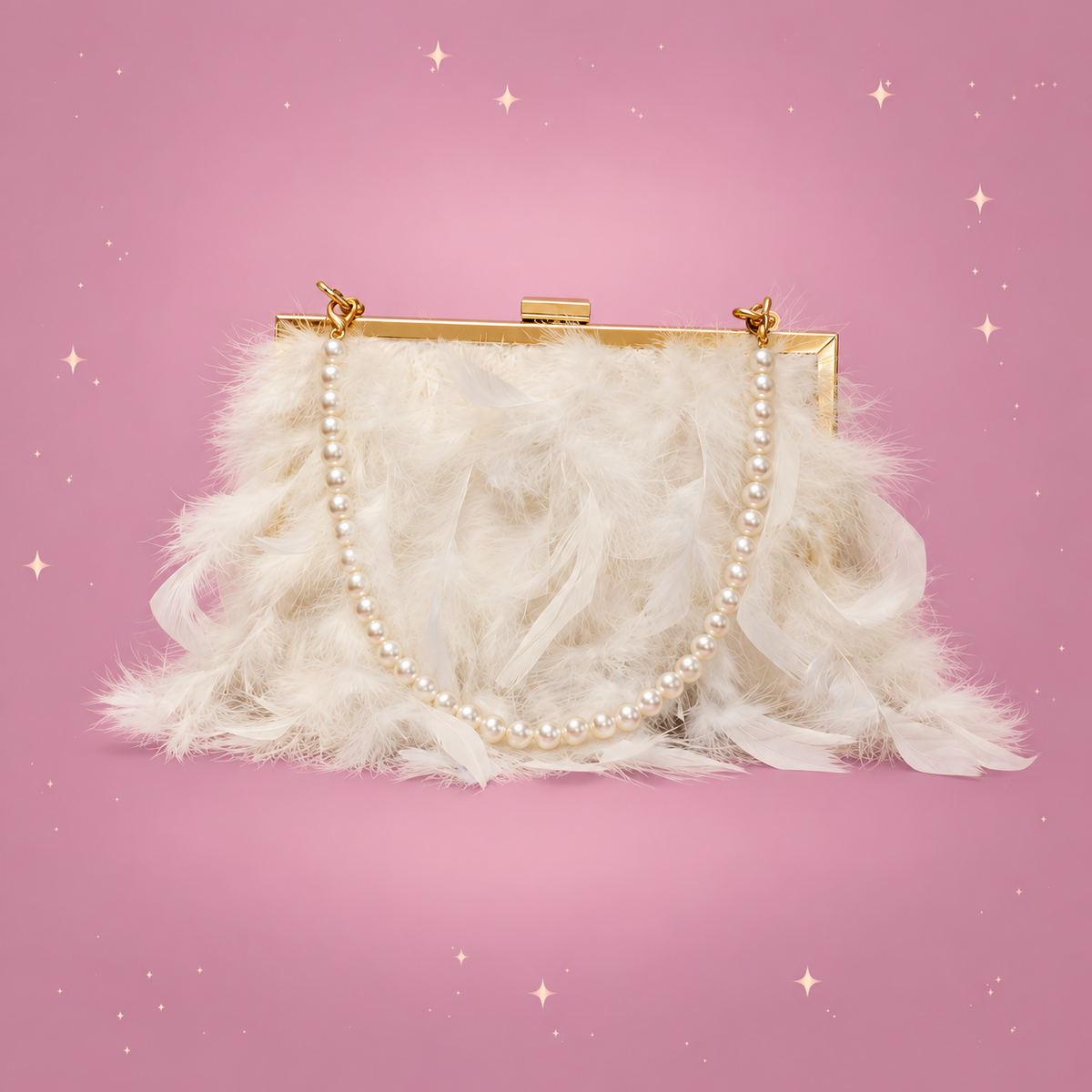 Luxy Moon Feather Clutch on a dusty rose background with rose gold sparkles