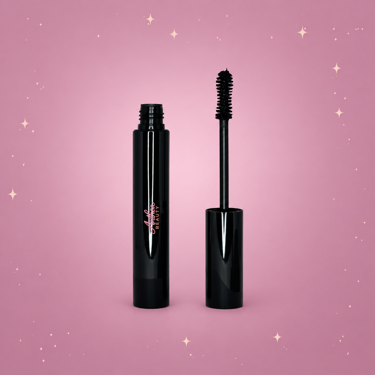Lengthening Mascara — complete product centered on a blush pink background with rose gold sparkles