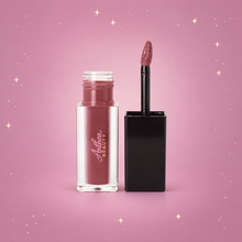 Dark Cherry Matte Lip Stain — complete product centered on a blush pink background with rose gold sparkles