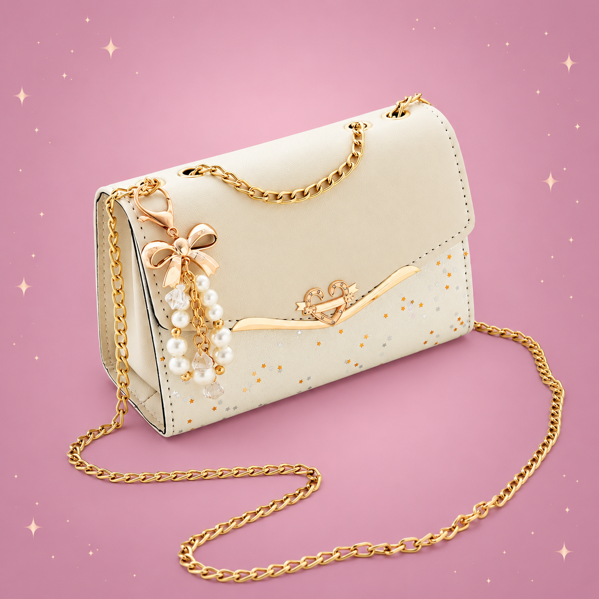 Sequin Crossbody Bag on a dusty rose background with rose gold sparkles