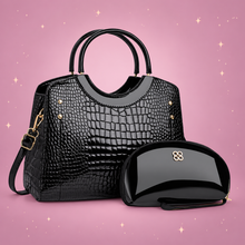 Snakeskin-Print Handbag Set on a dusty rose background with rose gold sparkles