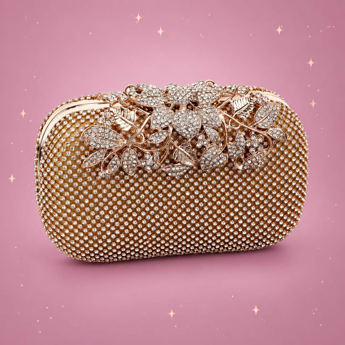 Sparkle Evening Bag on a dusty rose background with rose gold sparkles