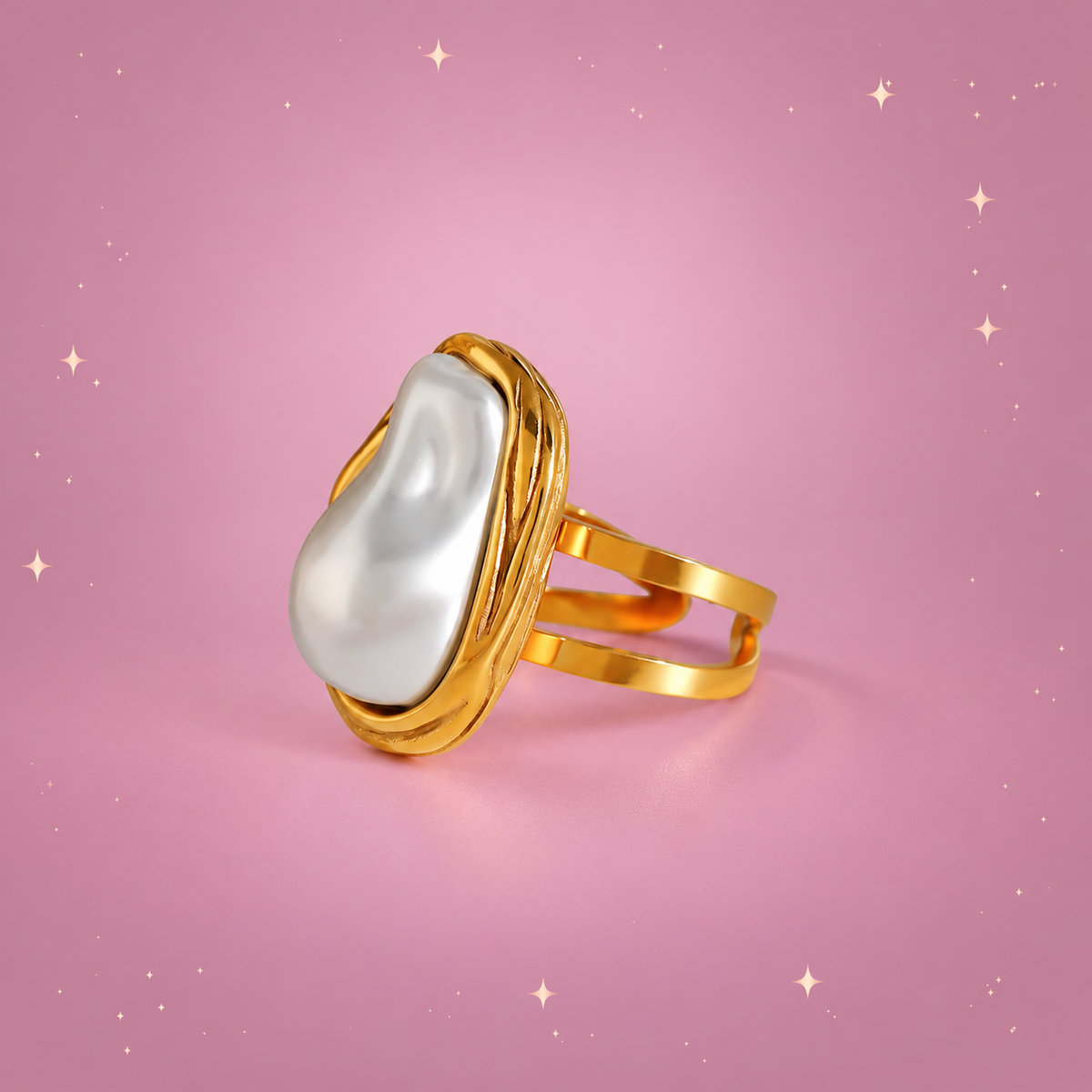 Stainless Steel Open Ring on a dusty rose background with rose gold sparkles