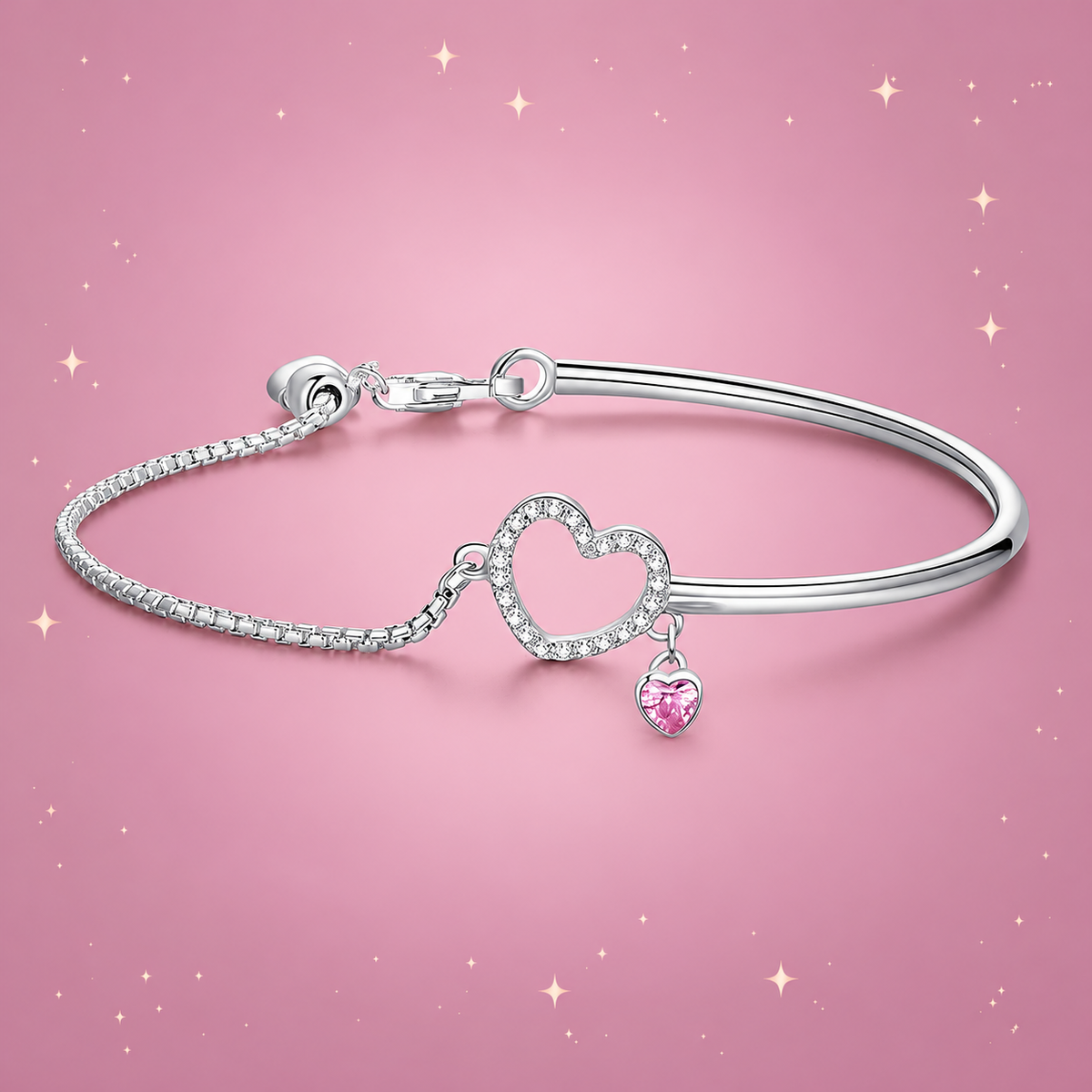 Sterling Silver Bracelet on a dusty rose background with rose gold sparkles