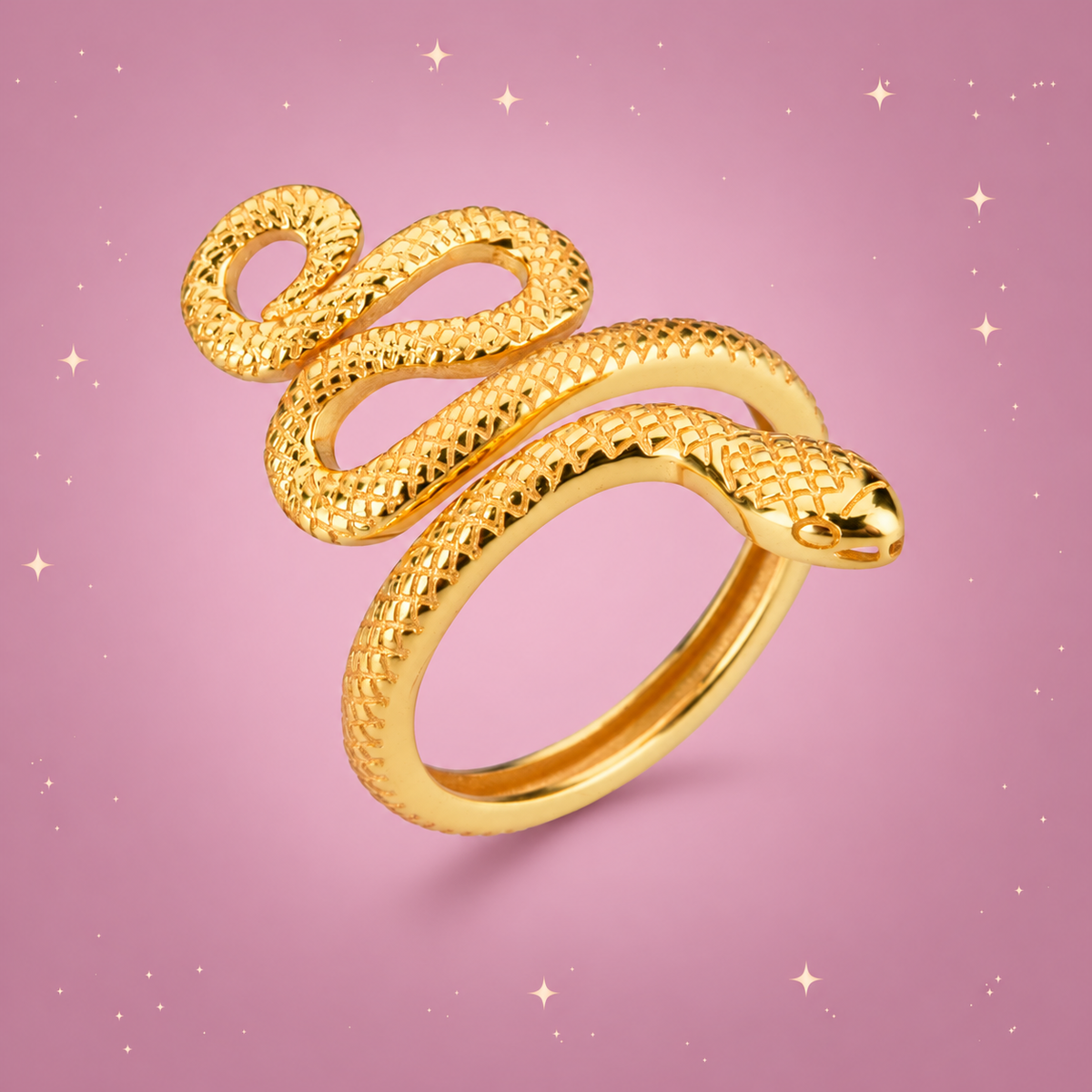 Sterling Silver Snake Ring on a dusty rose background with rose gold sparkles