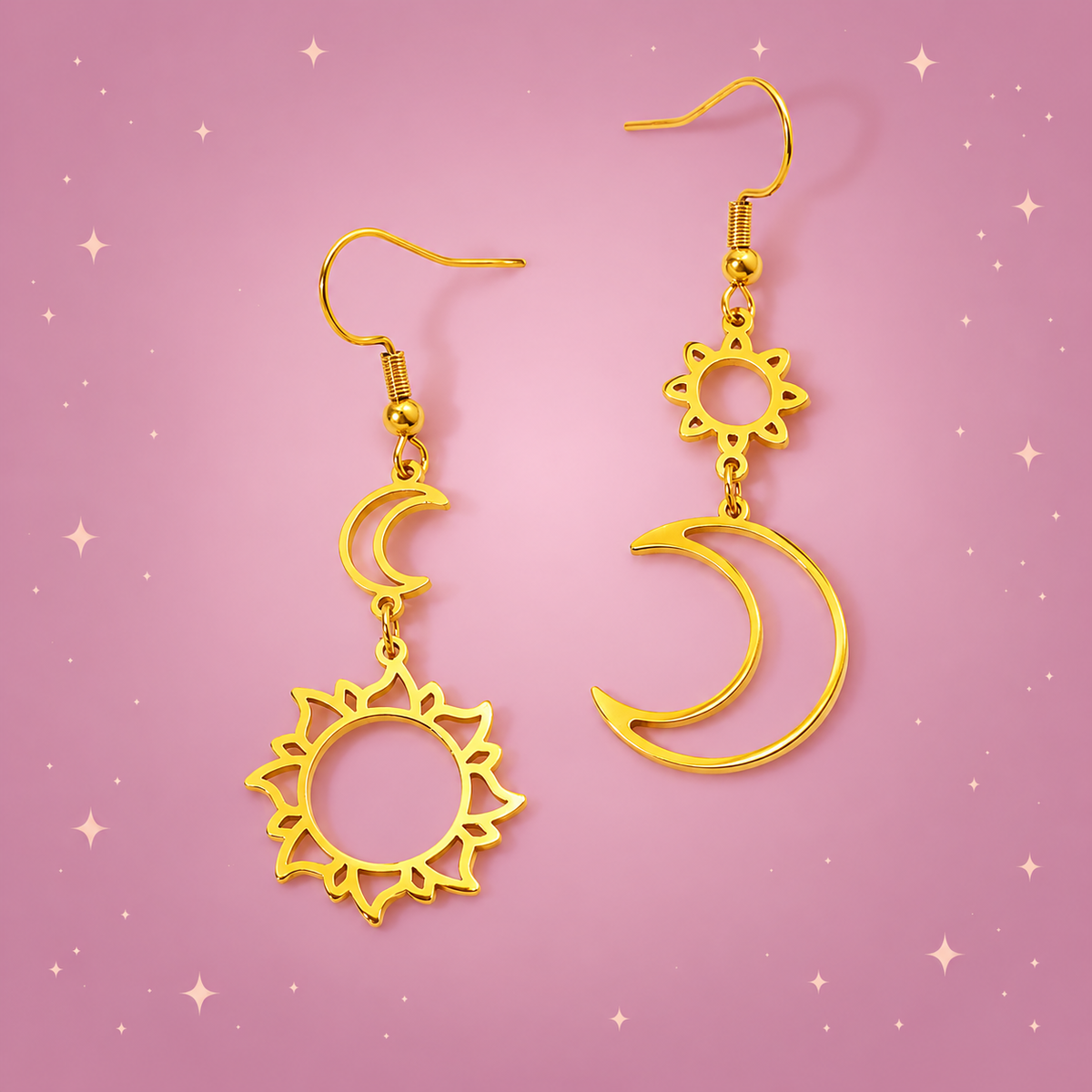 Sun Moon Earrings on a dusty rose background with rose gold sparkles