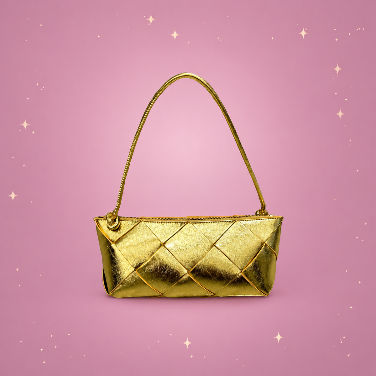 Woven Crossbody Bag on a dusty rose background with rose gold sparkles