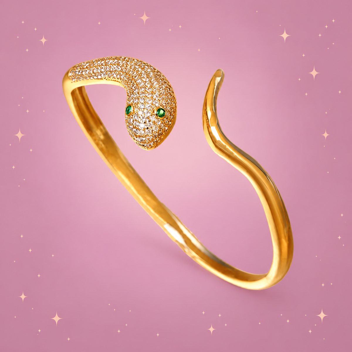 Zircon Snake Bracelet on a dusty rose background with rose gold sparkles